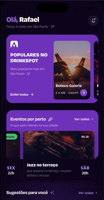 O que está acontecendo agora no aplicativo Drinkspot