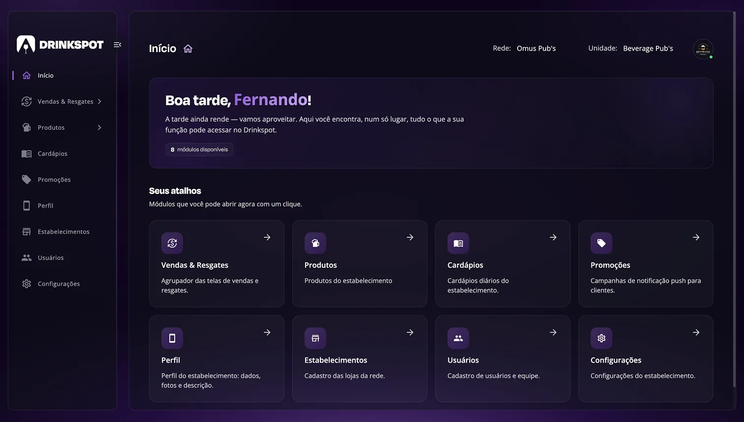 Área administrativa Drinkspot para gestão do estabelecimento